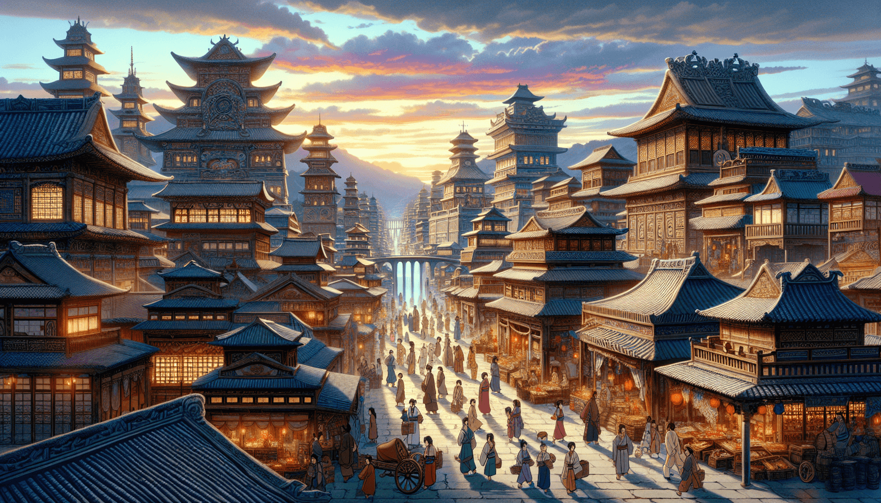 Cidade antiga movimentada com arquitetura em estilo anime