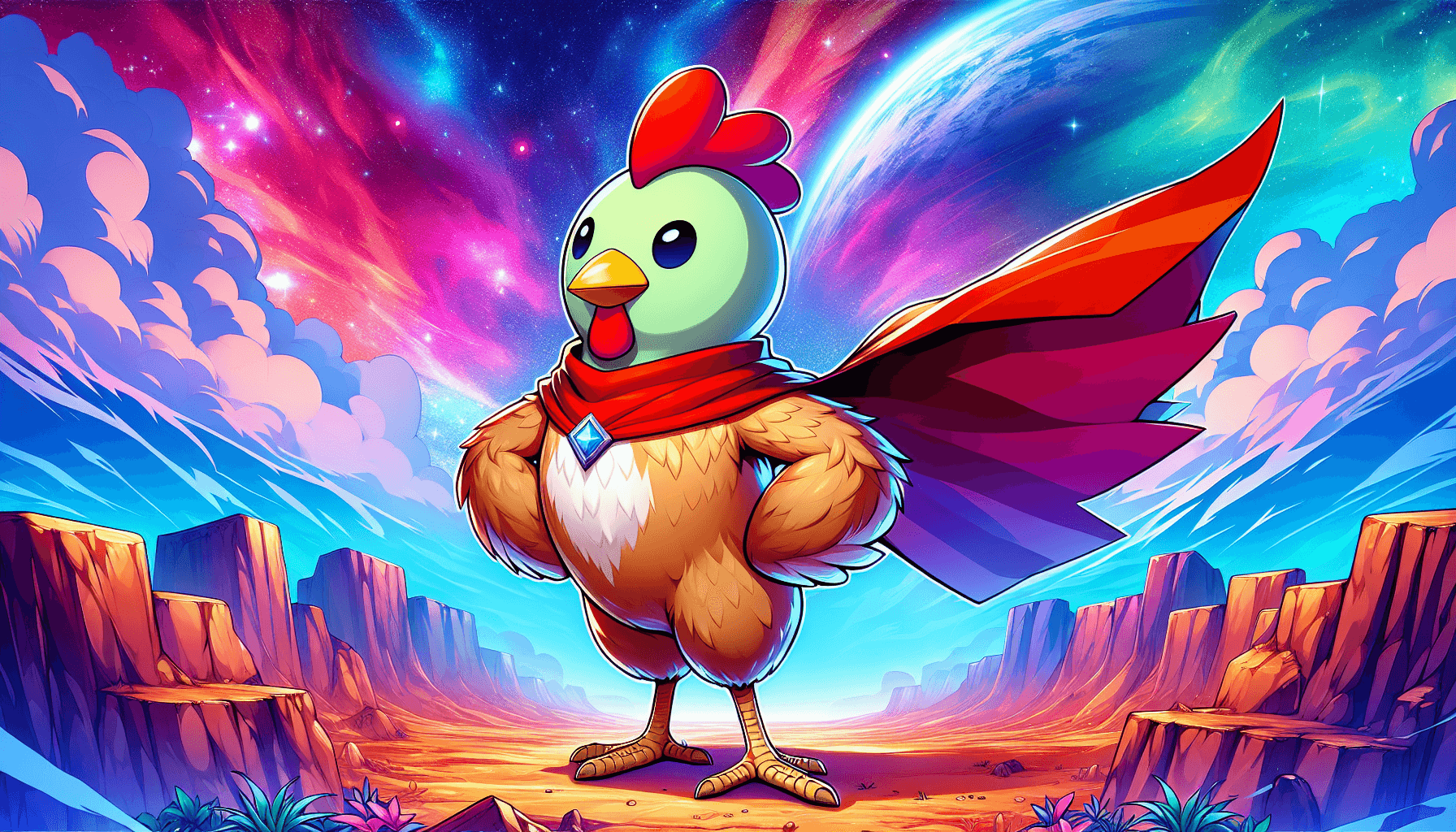 Paisagem vibrante em estilo anime com um frango heróico