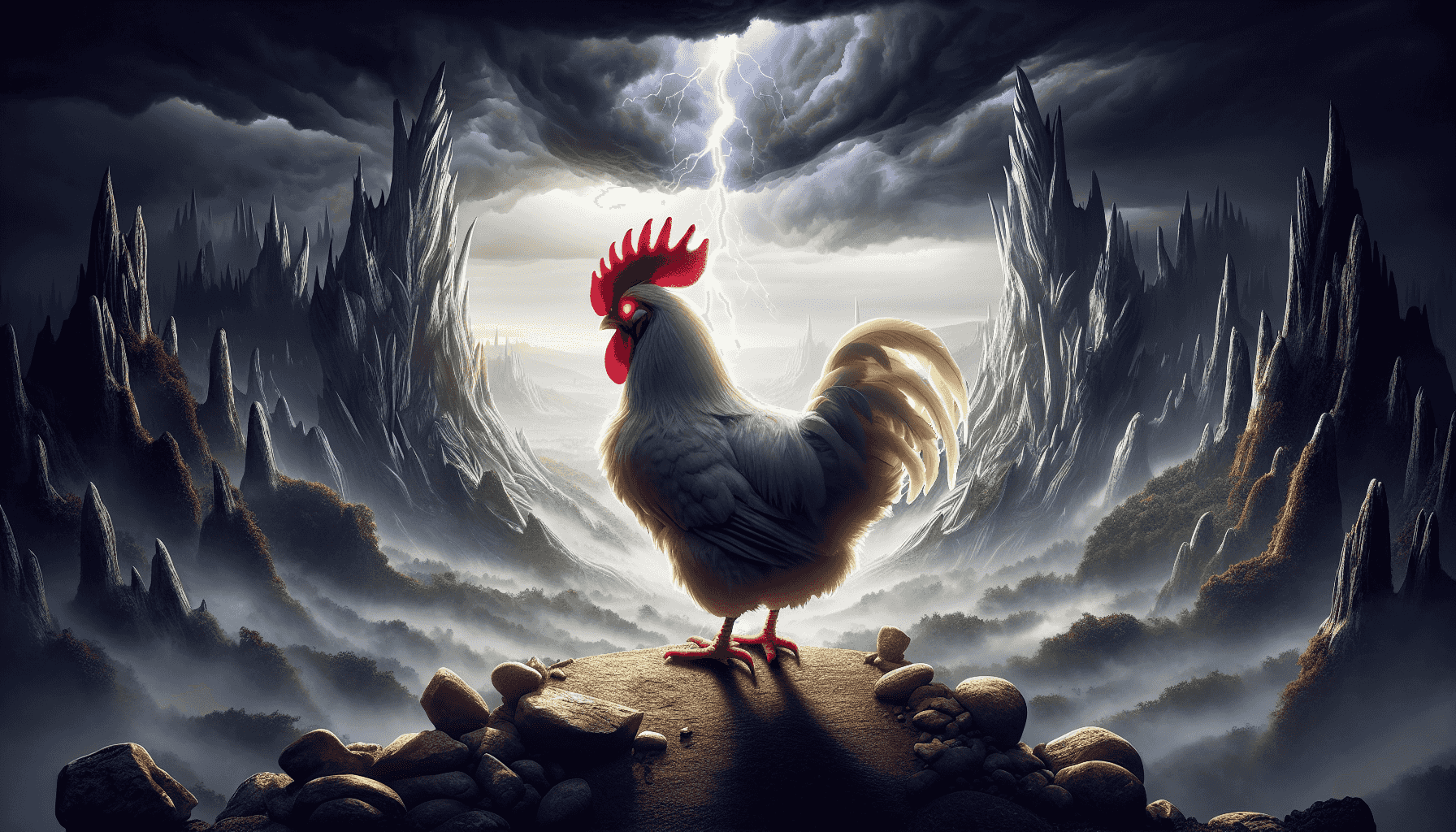 Cena dramática com um personagem frango enfrentando um desafio