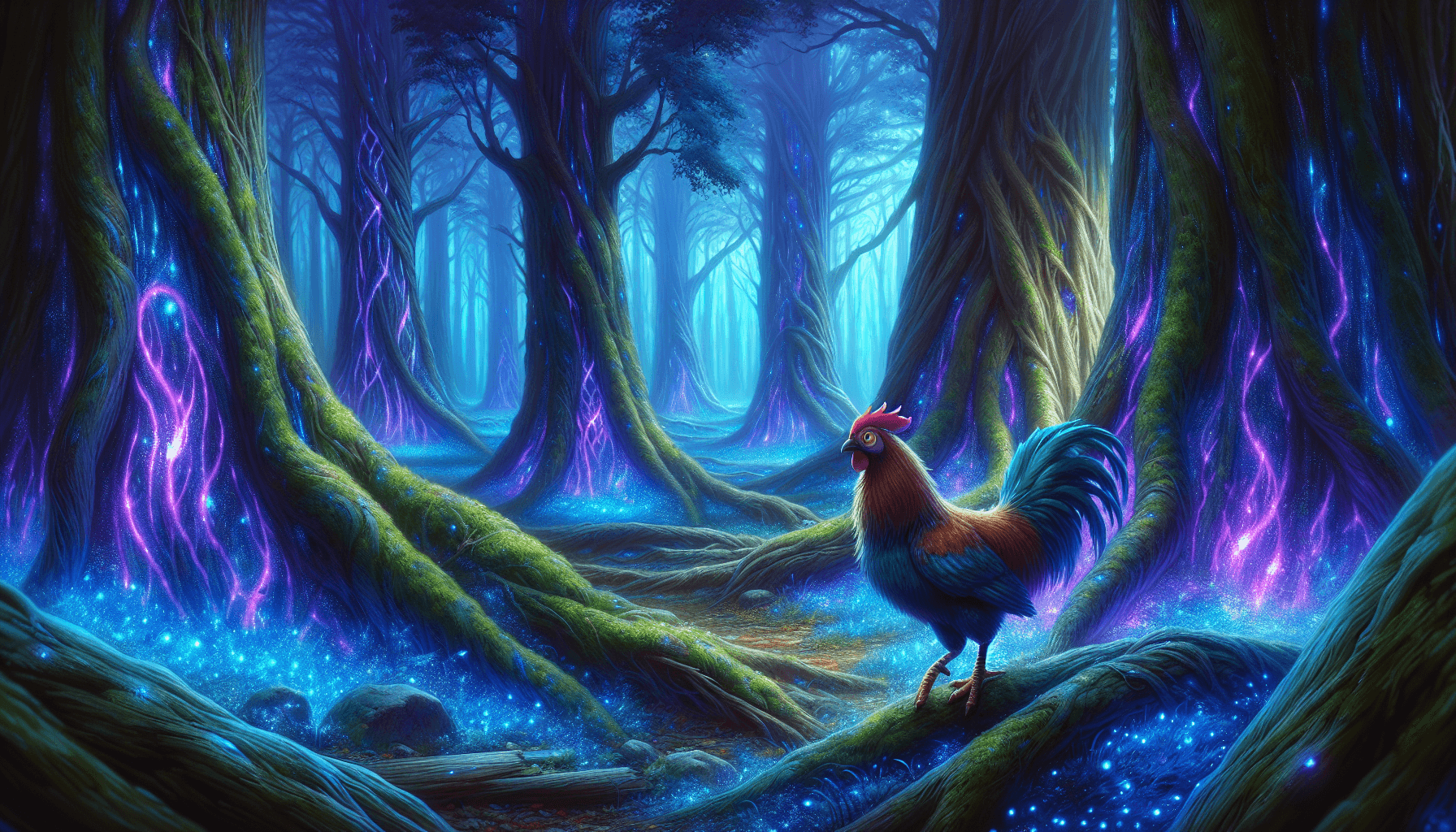 Floresta mística com elementos brilhantes e um protagonista frango